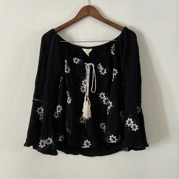 Sun Shadow Embroidered Blouse Boho Chic Festival Large Bohemian Floral Tie Neck - Picture 7 of 7